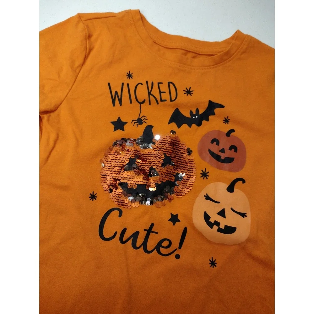 Wonder Nation Girls Orange Wicked Cute Halloween Pumpkin Sequin Tee S 6-6X